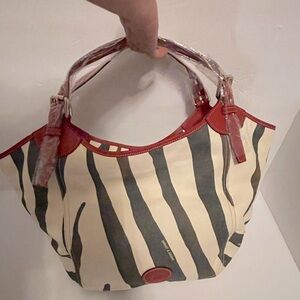 Dooney &Bourke XLarge Zebra Print Canvas W/Red Leather Trim